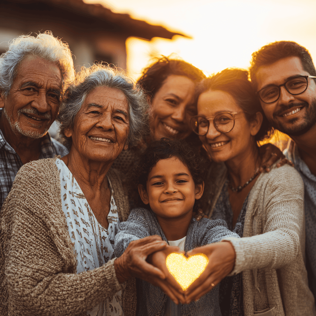 A multigenerational Latino family together at sunset