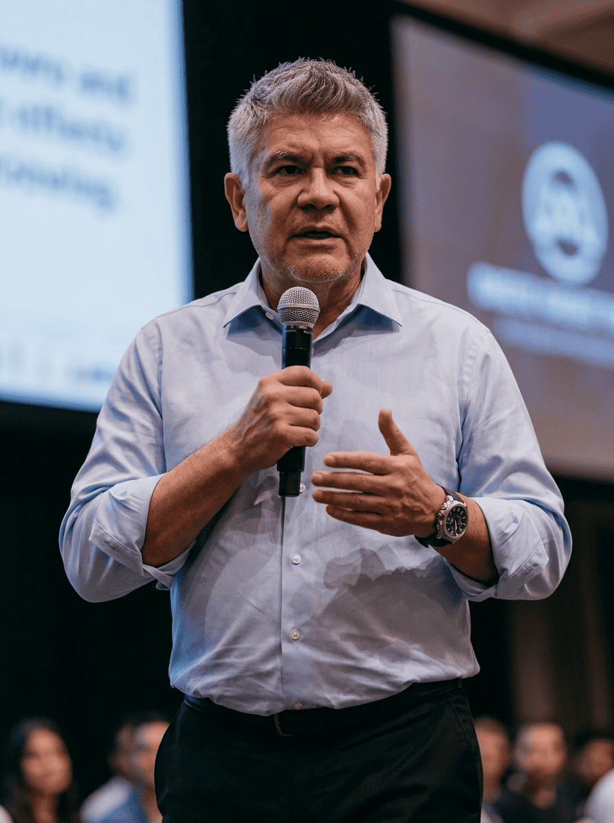 Louis Barajas speaking on stage with a microphone